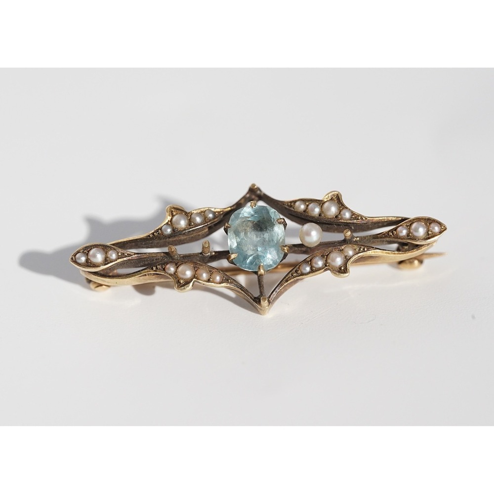 Antique Edwardian 14k Gold Aquamarine Seed Pearl Bar Brooch Art Nouveau c1905 - Picture 6 of 12